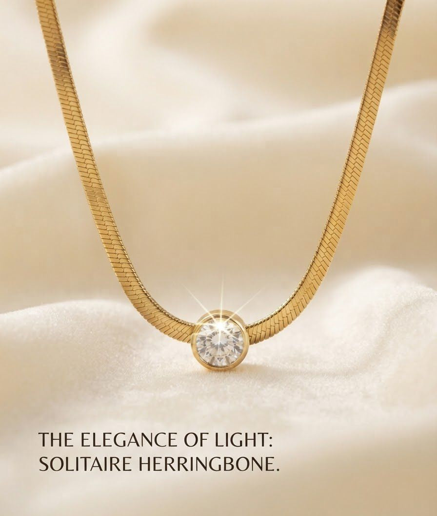 Gold Herringbone Necklace with Solitaire Pendant | Flat Snake Chain Necklace