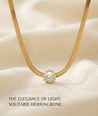 Gold Herringbone Necklace with Solitaire Pendant | Flat Snake Chain Necklace