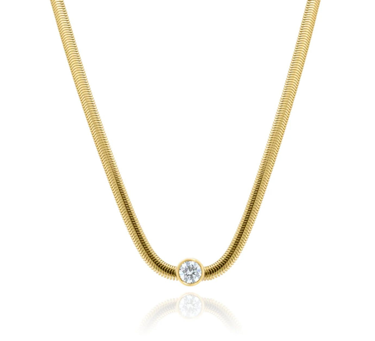 Gold Herringbone Necklace with Solitaire Pendant | Flat Snake Chain Necklace