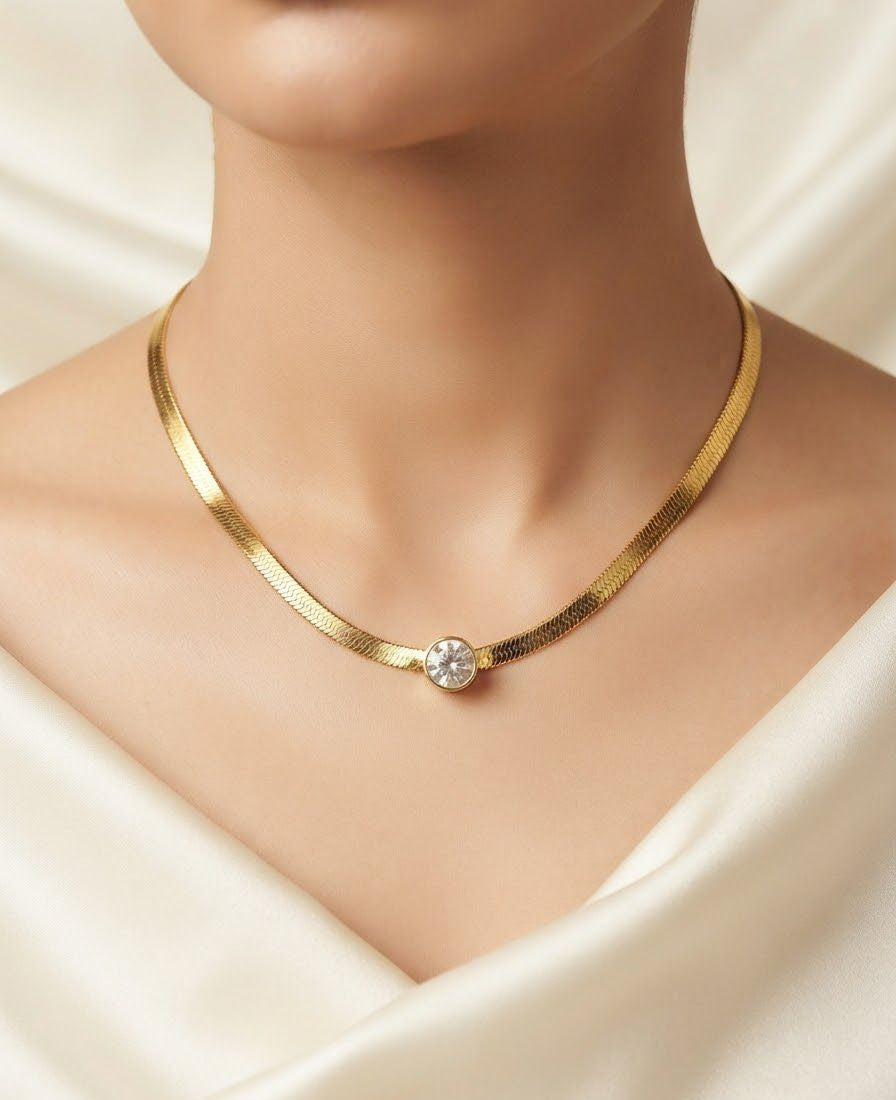 Gold Herringbone Necklace with Solitaire Pendant | Flat Snake Chain Necklace