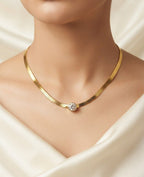 Gold Herringbone Necklace with Solitaire Pendant | Flat Snake Chain Necklace