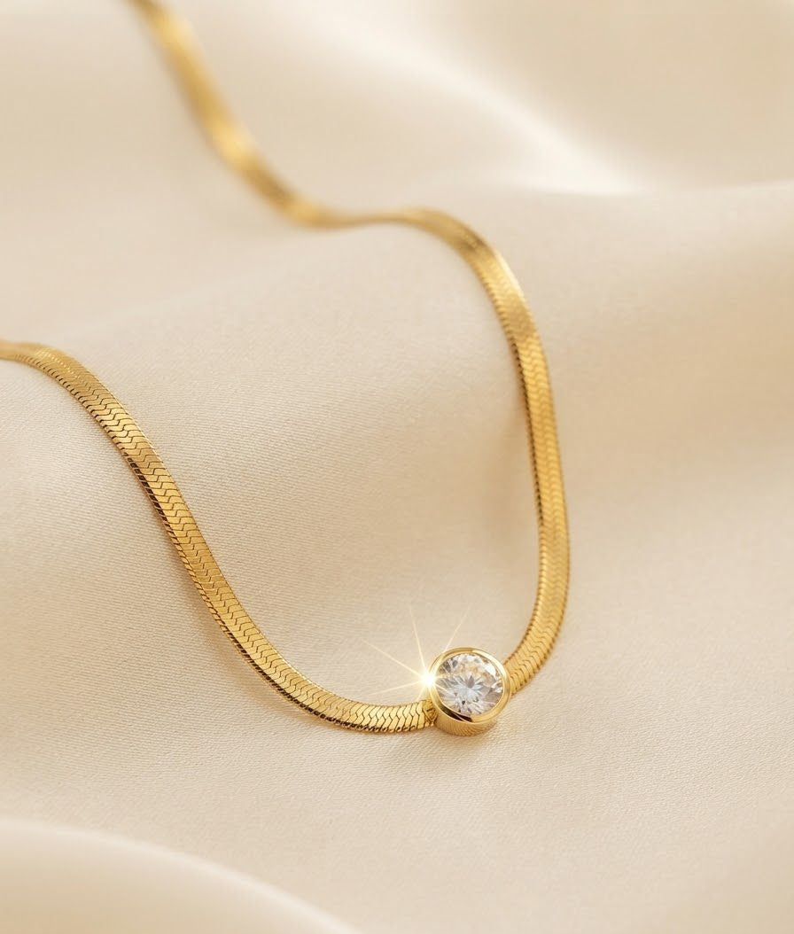 Gold Herringbone Necklace with Solitaire Pendant | Flat Snake Chain Necklace