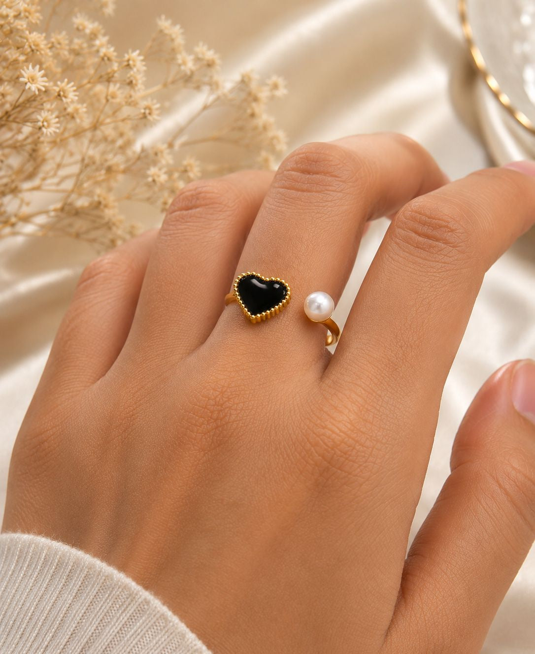 Gold Plated Open Ring with White Heart & Pearl | Trendy Adjustable Ring