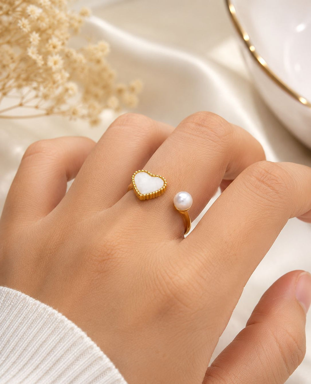 Gold Plated Open Ring with White Heart & Pearl | Trendy Adjustable Ring