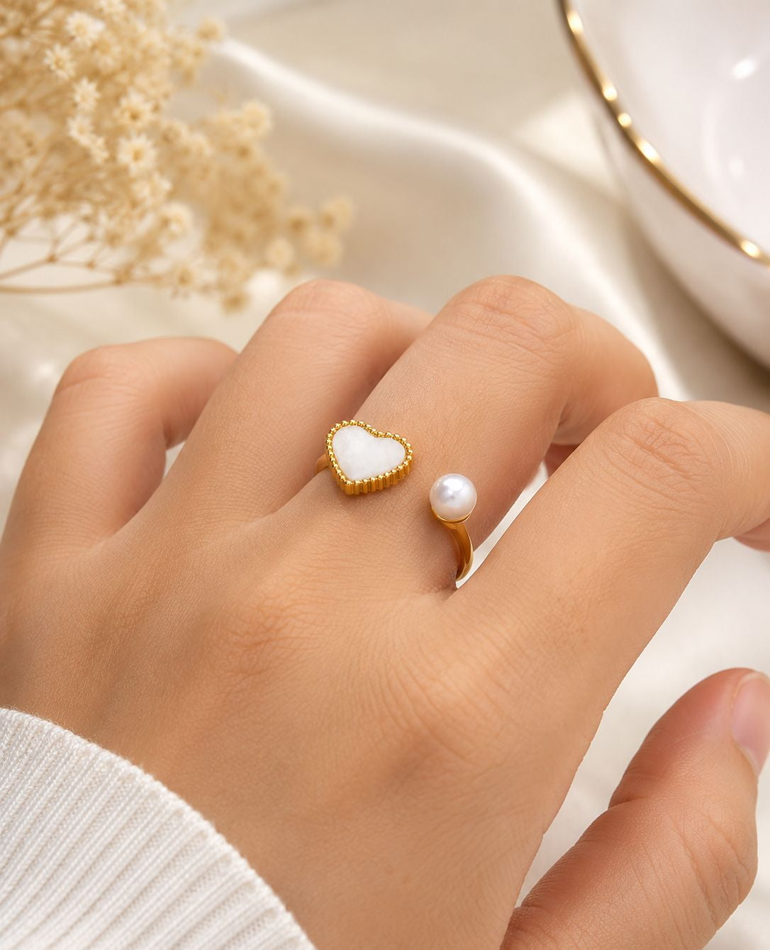 Gold Plated Open Ring with White Heart & Pearl | Trendy Adjustable Ring