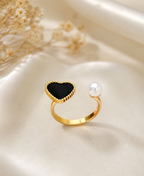 Gold Plated Open Ring with White Heart & Pearl | Trendy Adjustable Ring