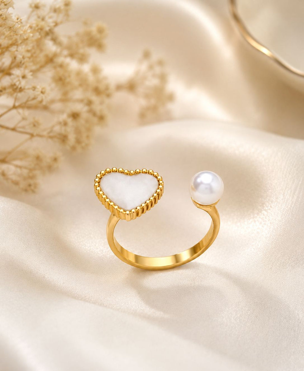 Gold Plated Open Ring with White Heart & Pearl | Trendy Adjustable Ring