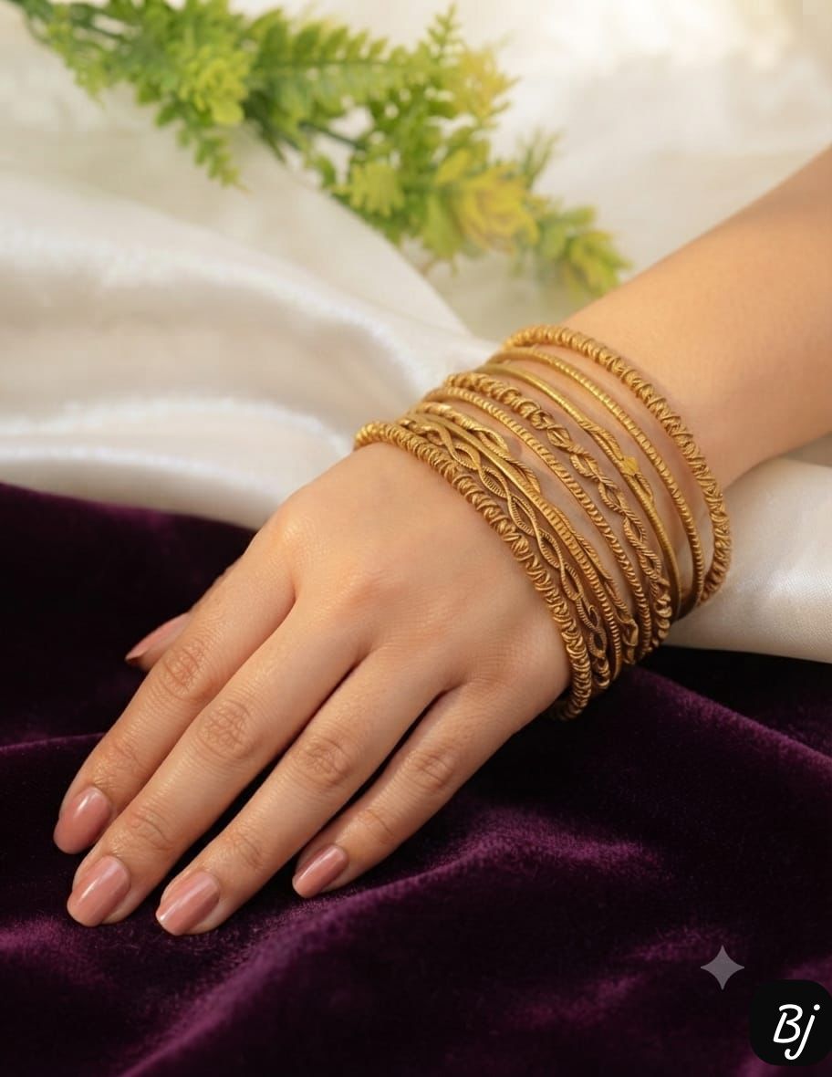 Gold Plated Bangle Set | Traditional Multi-Design Churi Set 9 Peice