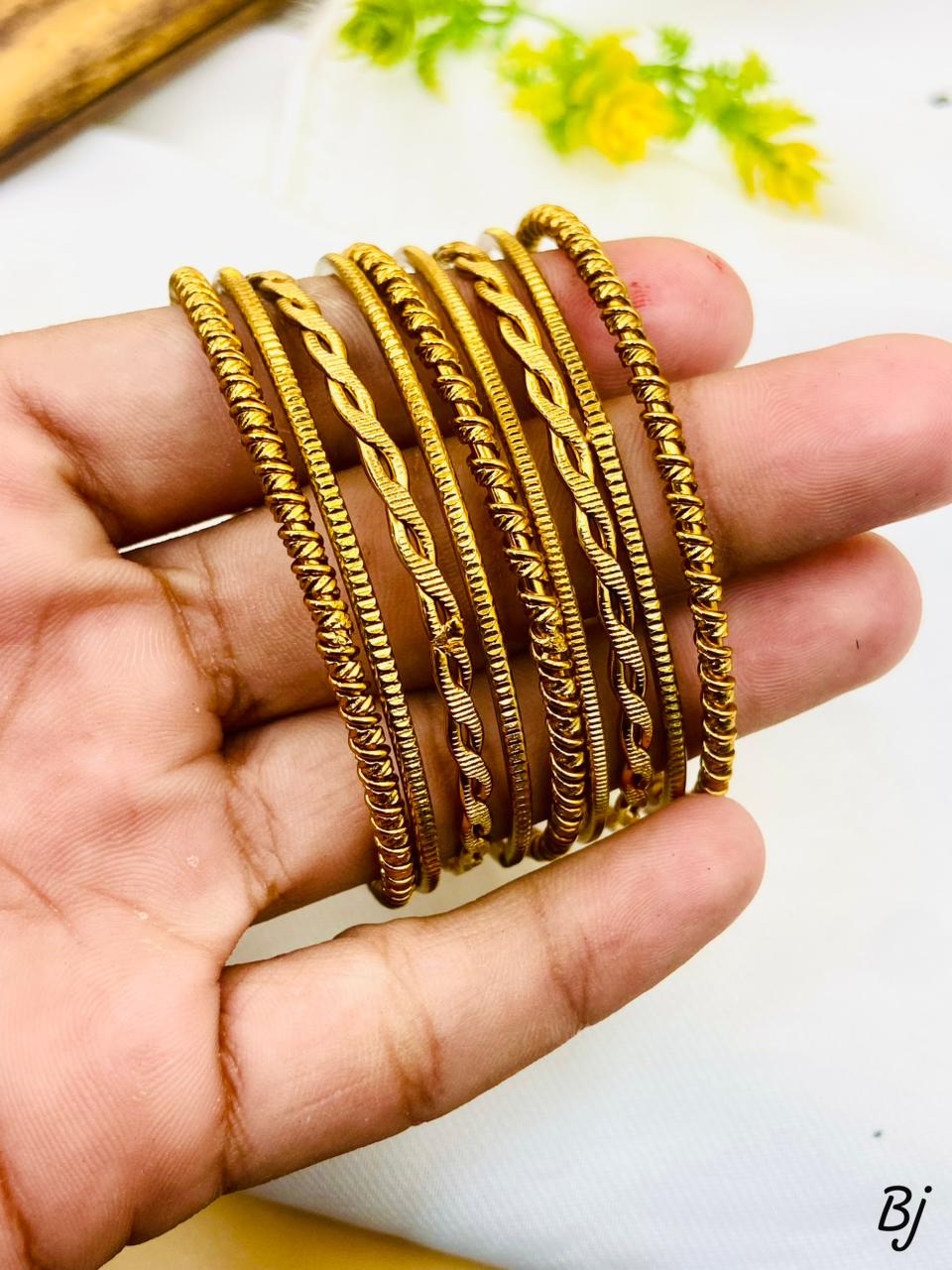 Gold Plated Bangle Set | Traditional Multi-Design Churi Set 9 Peice