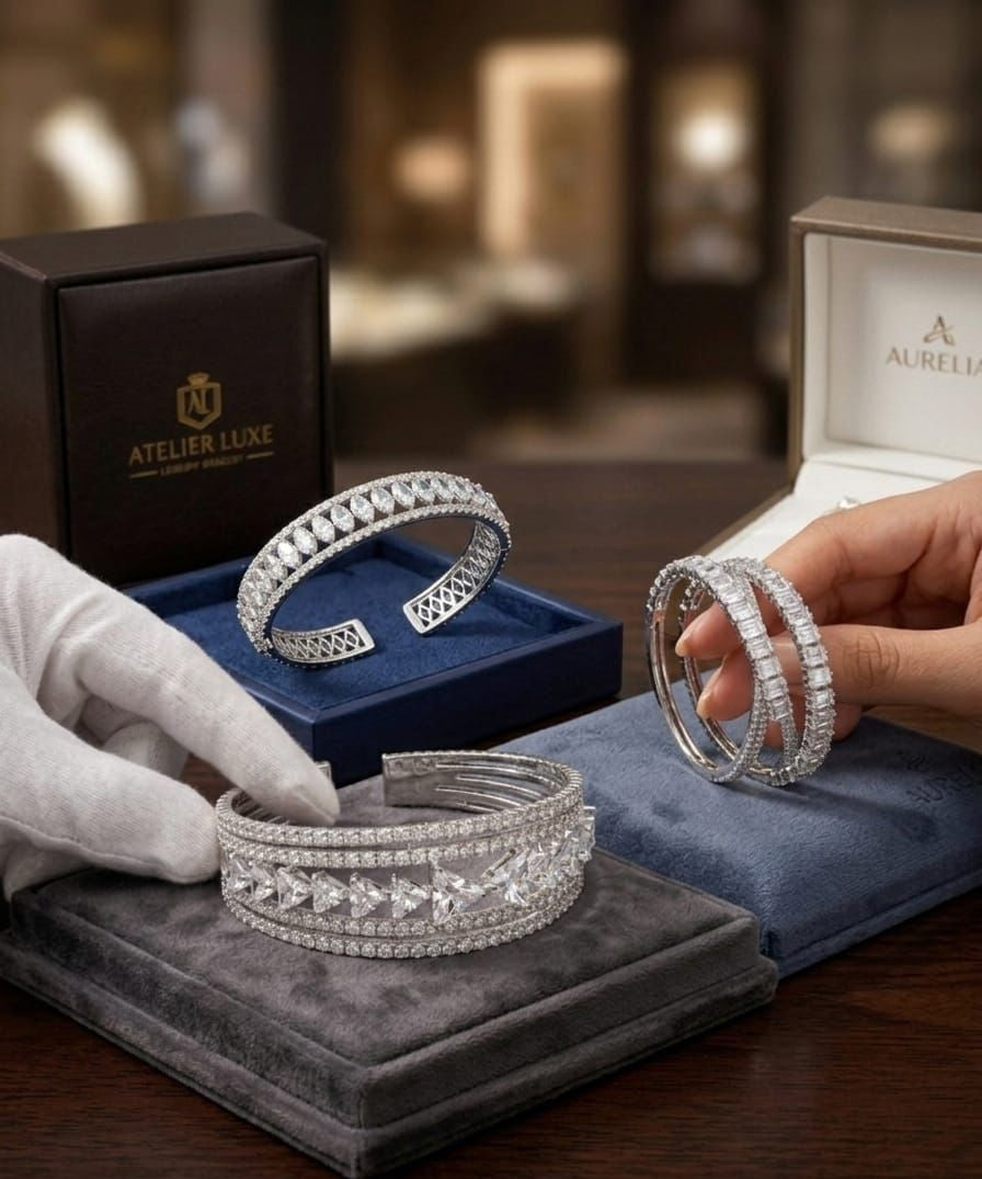 Silver Plated Wide Cuff Bracelet with Triangle & Round Stones