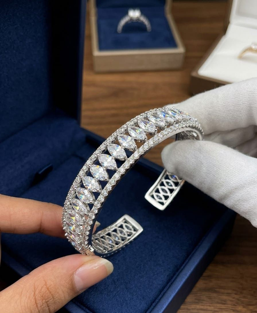 Silver Plated Wide Cuff Bracelet with Triangle & Round Stones