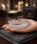 Silver Plated Wide Cuff Bracelet with Triangle & Round Stones