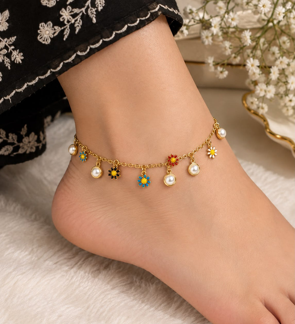 Gold Flower & Pearl Charm Anklet | Dainty Daisy Anklet for Women