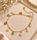 Gold Flower & Pearl Charm Anklet | Dainty Daisy Anklet for Women
