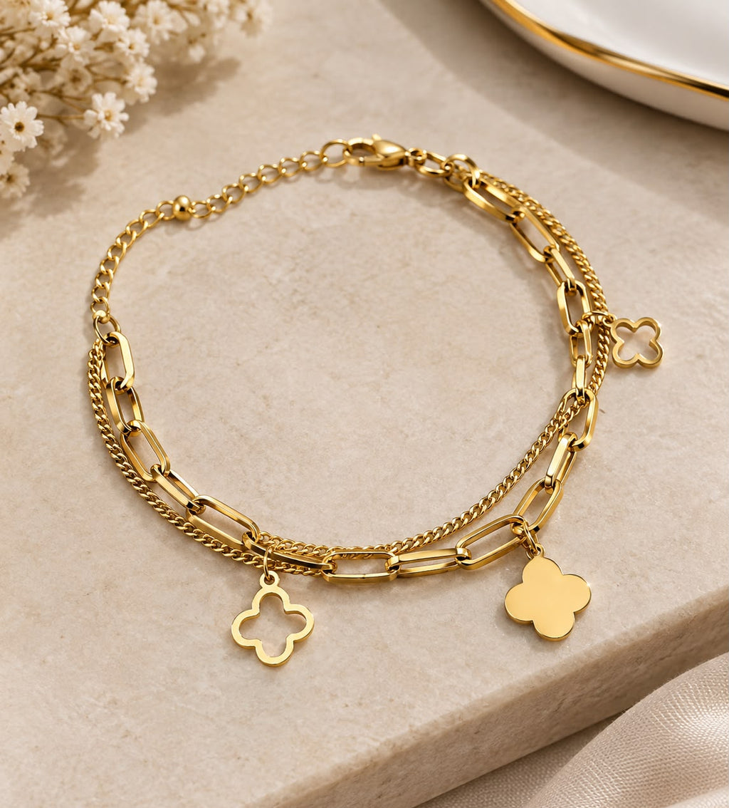 Gold Layered Flower Bracelet | Double Chain Link Bracelet