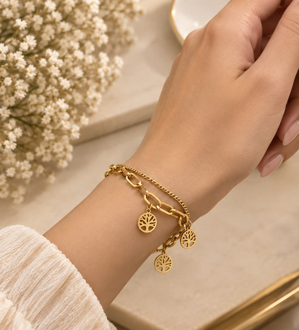 Gold Layered Flower Bracelet | Double Chain Link Bracelet