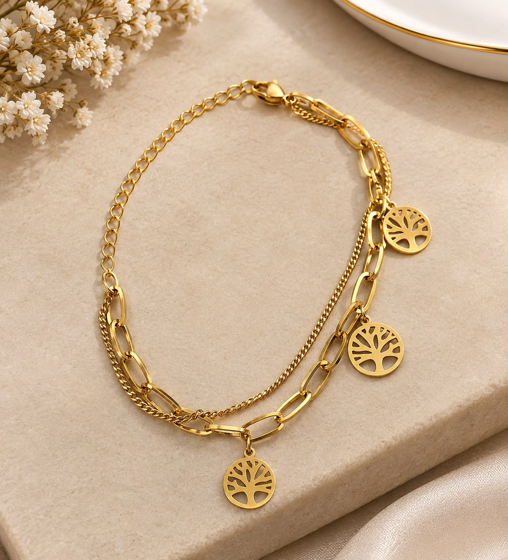 Gold Layered Flower Bracelet | Double Chain Link Bracelet