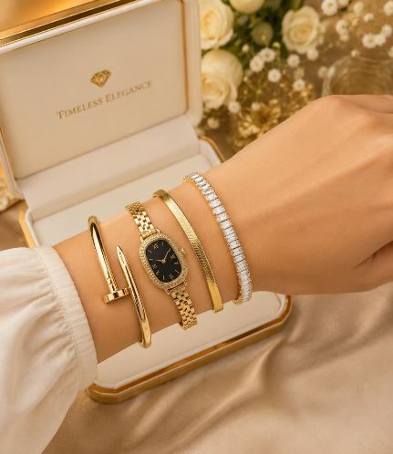 Stainless Steel 4-Piece Combo – Watch Hand Cuff, Cartier Hand Cuff, Snake Hand Bracelet & Diamond Hand Bracelet