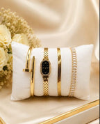 Stainless Steel 4-Piece Combo – Watch Hand Cuff, Cartier Hand Cuff, Snake Hand Bracelet & Diamond Hand Bracelet