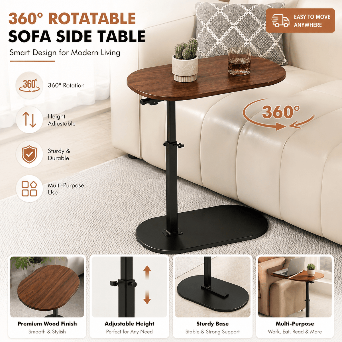 360° Rotatable Adjustable Sofa Side Table