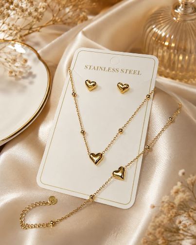 Golden Heart Stainless Steel Jewelry Set – Necklace, Bracelet & Earrings